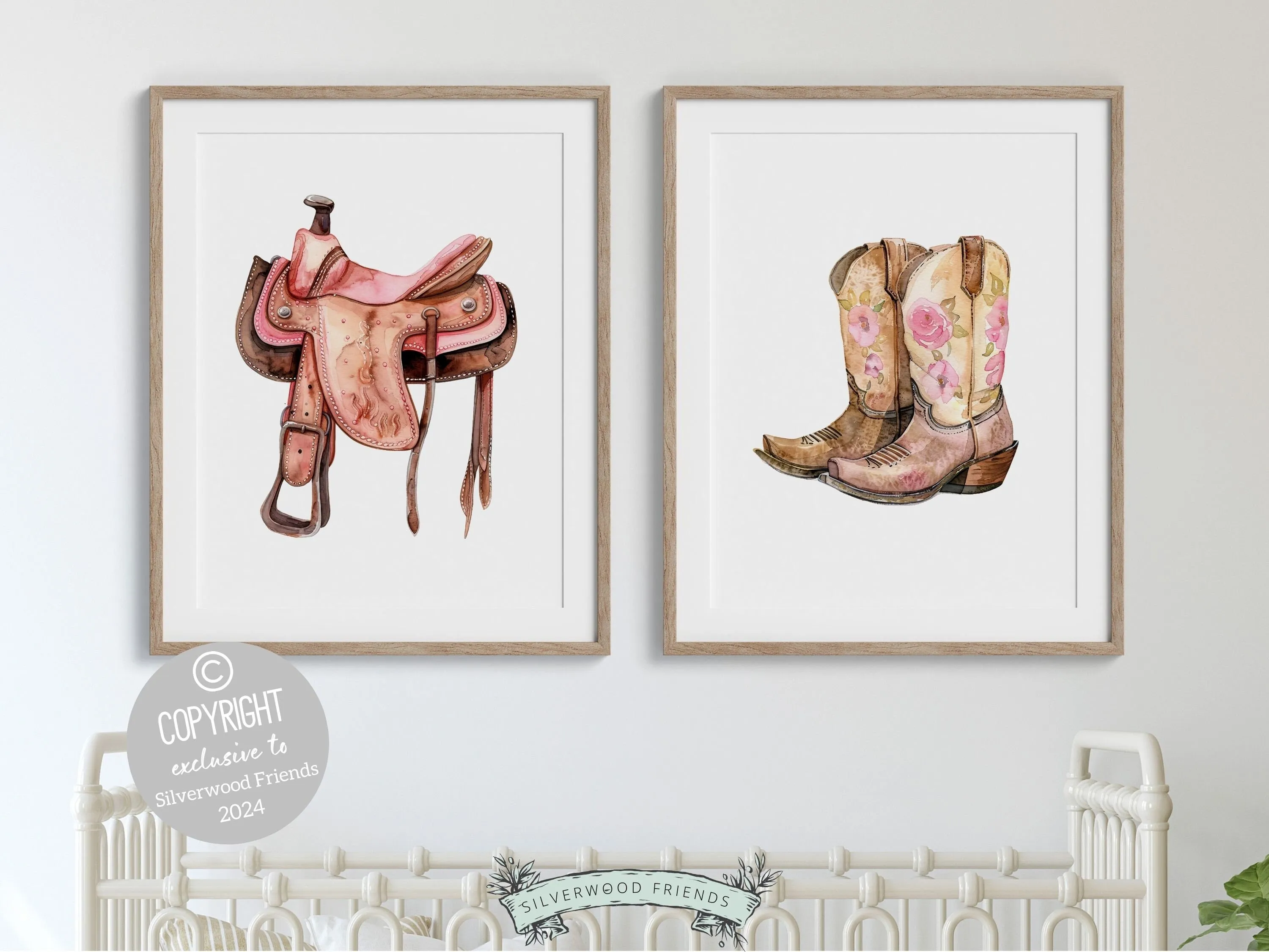 Cowgirl Saddle and Boots Print Set of 2