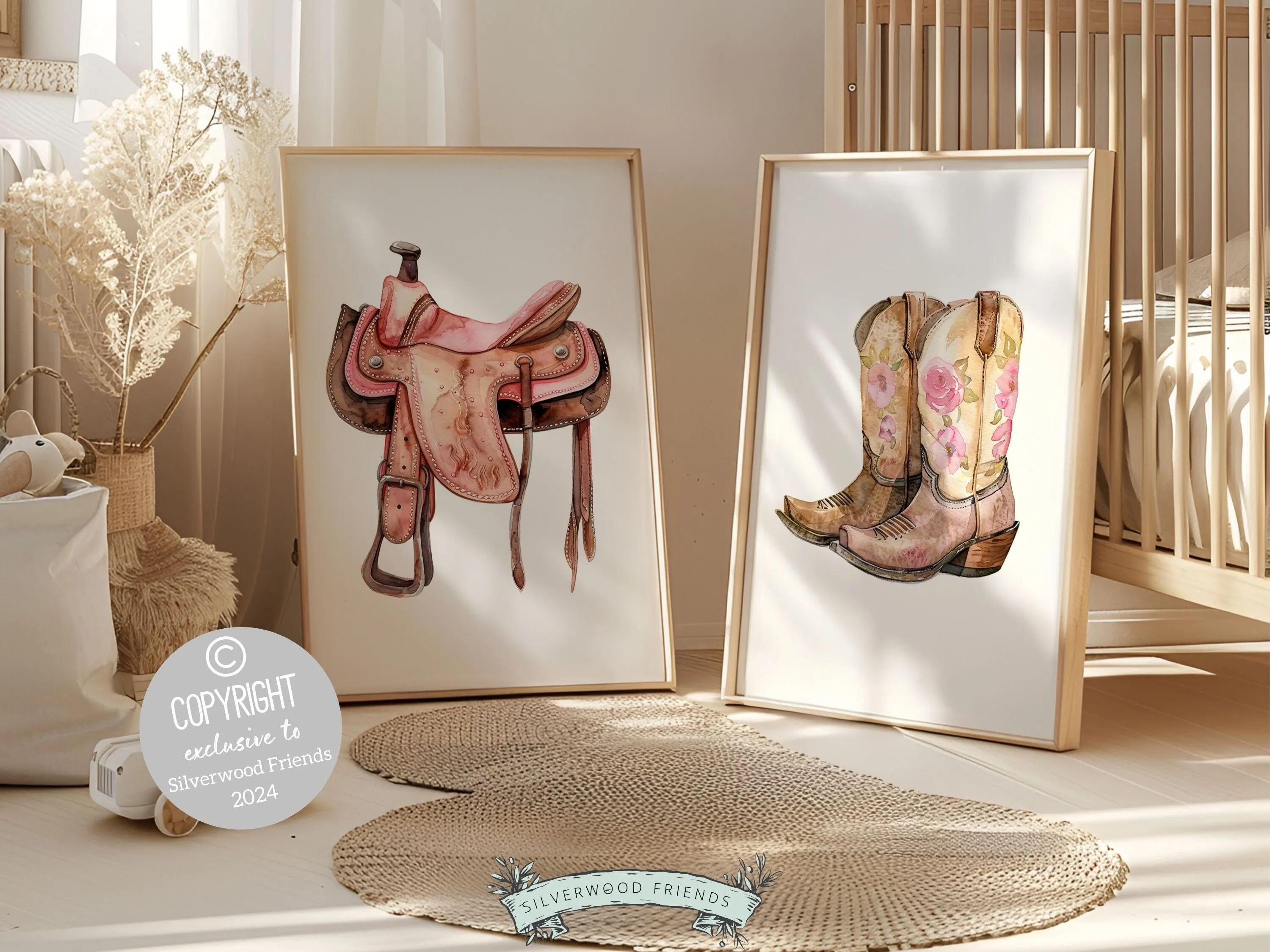 Cowgirl Saddle and Boots Print Set of 2