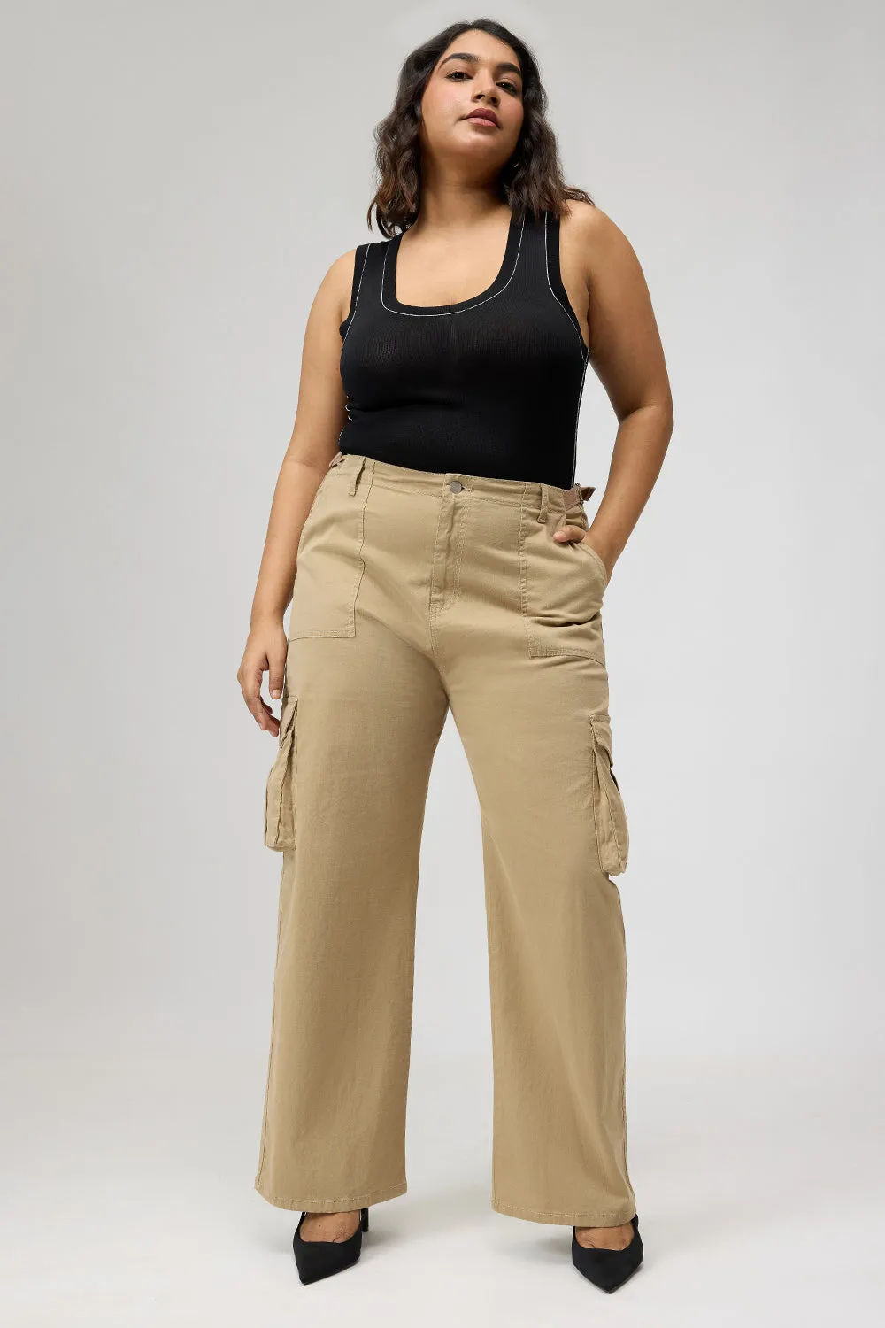 Curve Dark Beige Cargo Jeans