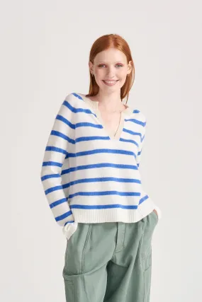 Denim Blue and Cream Cashmere Stripe Open Collar Sweater