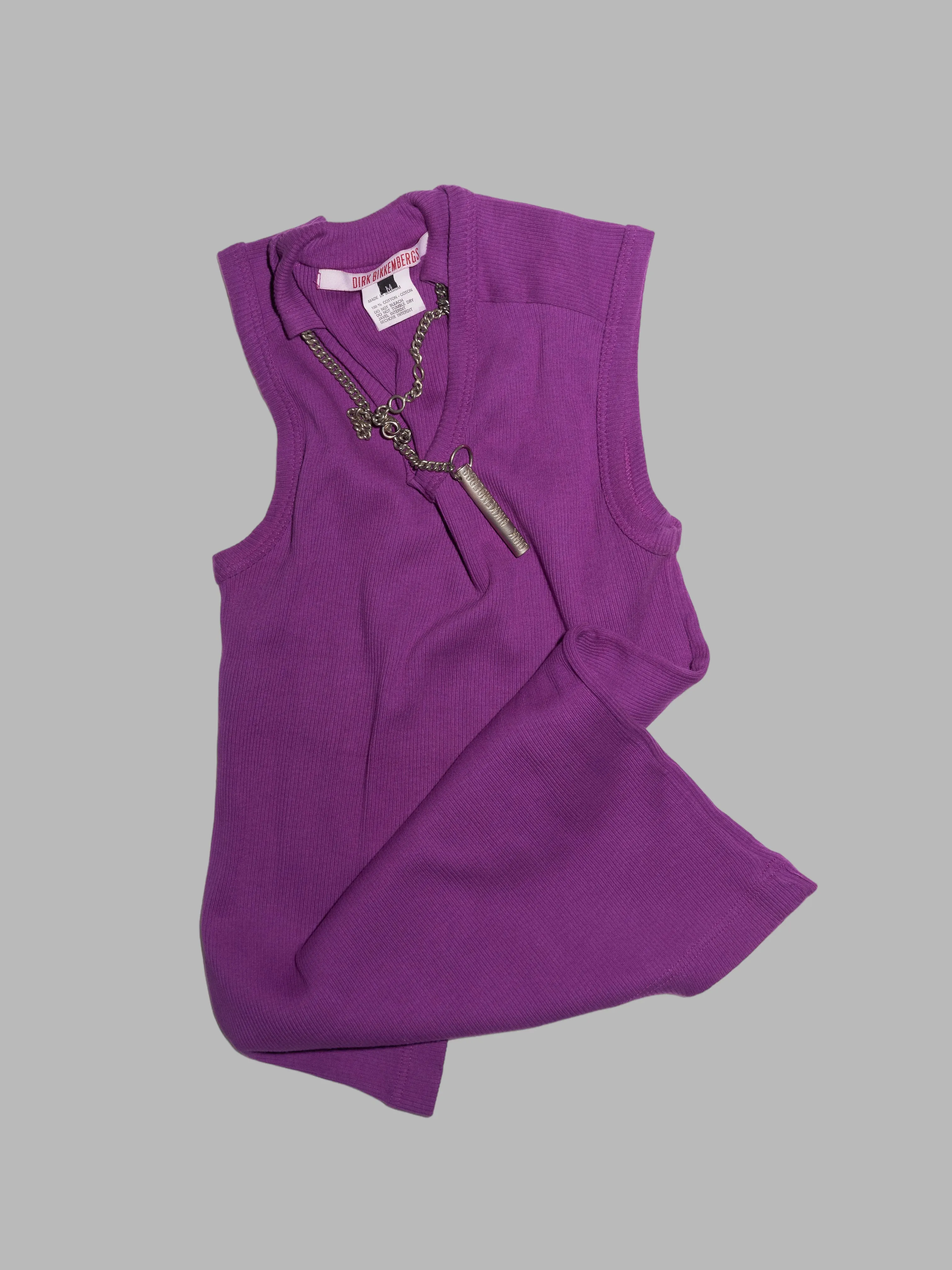 Dirk Bikkembergs winter 1996 purple rib knit sleeveless top with metal chain necklace