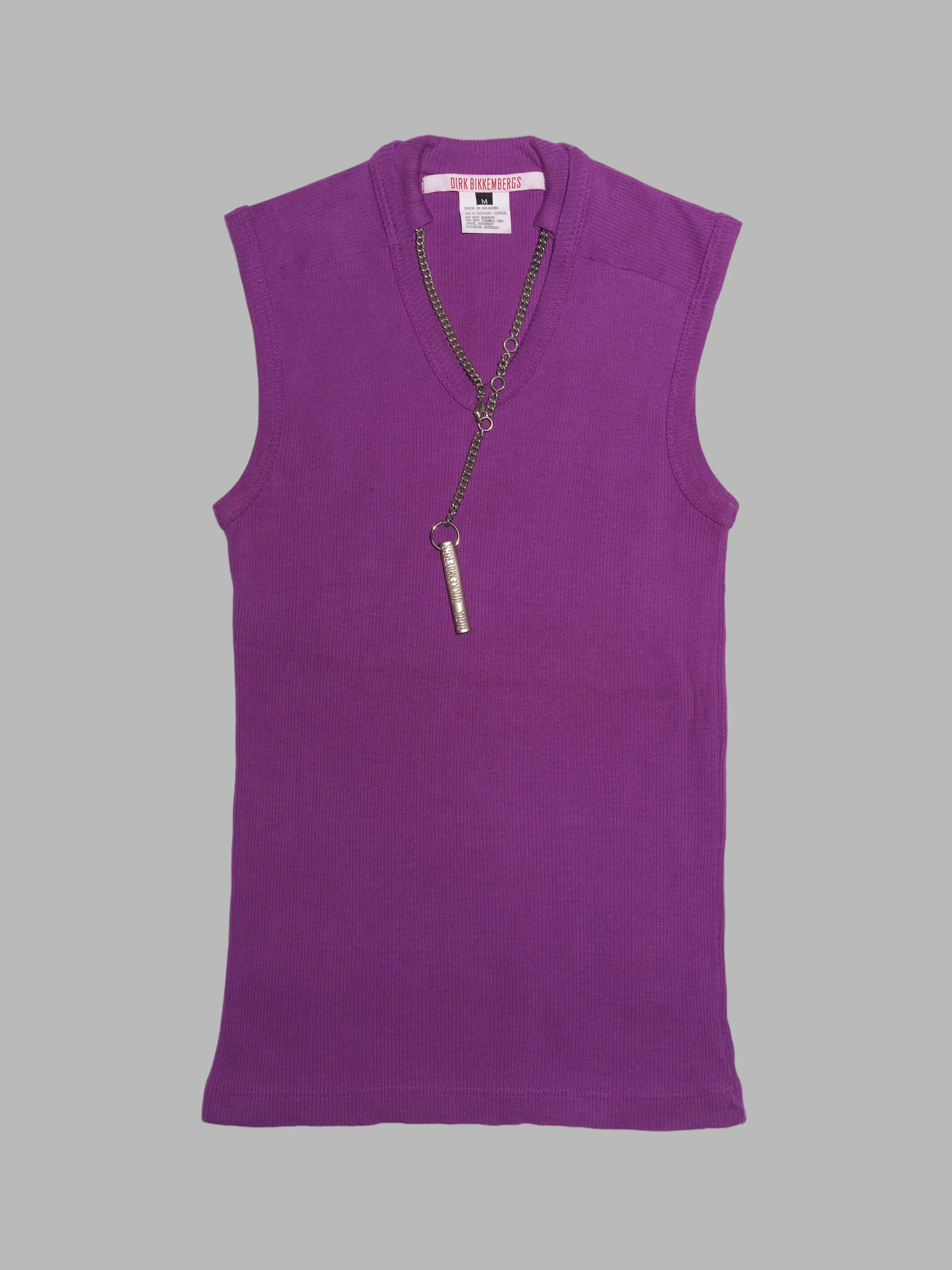 Dirk Bikkembergs winter 1996 purple rib knit sleeveless top with metal chain necklace