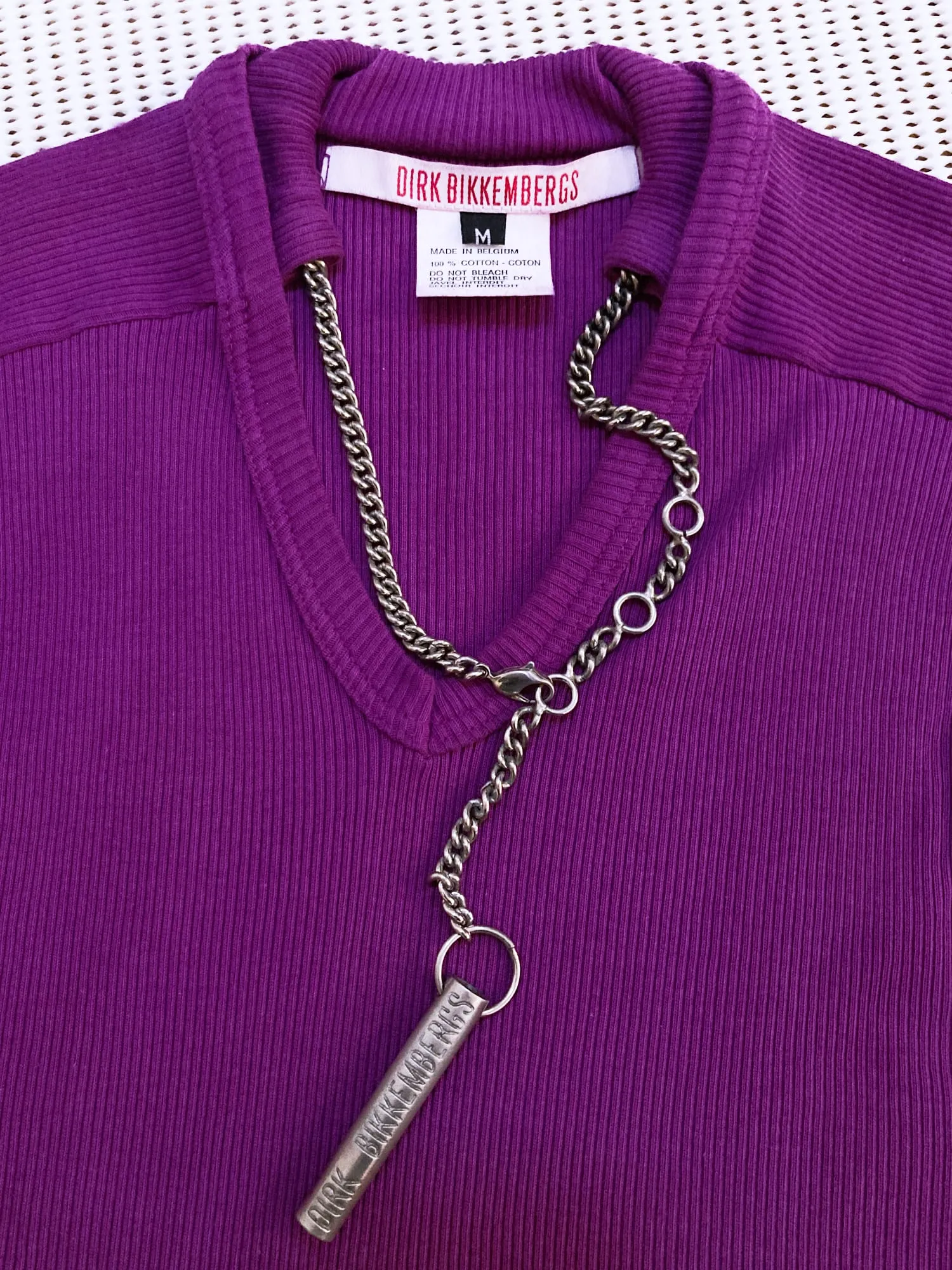 Dirk Bikkembergs winter 1996 purple rib knit sleeveless top with metal chain necklace