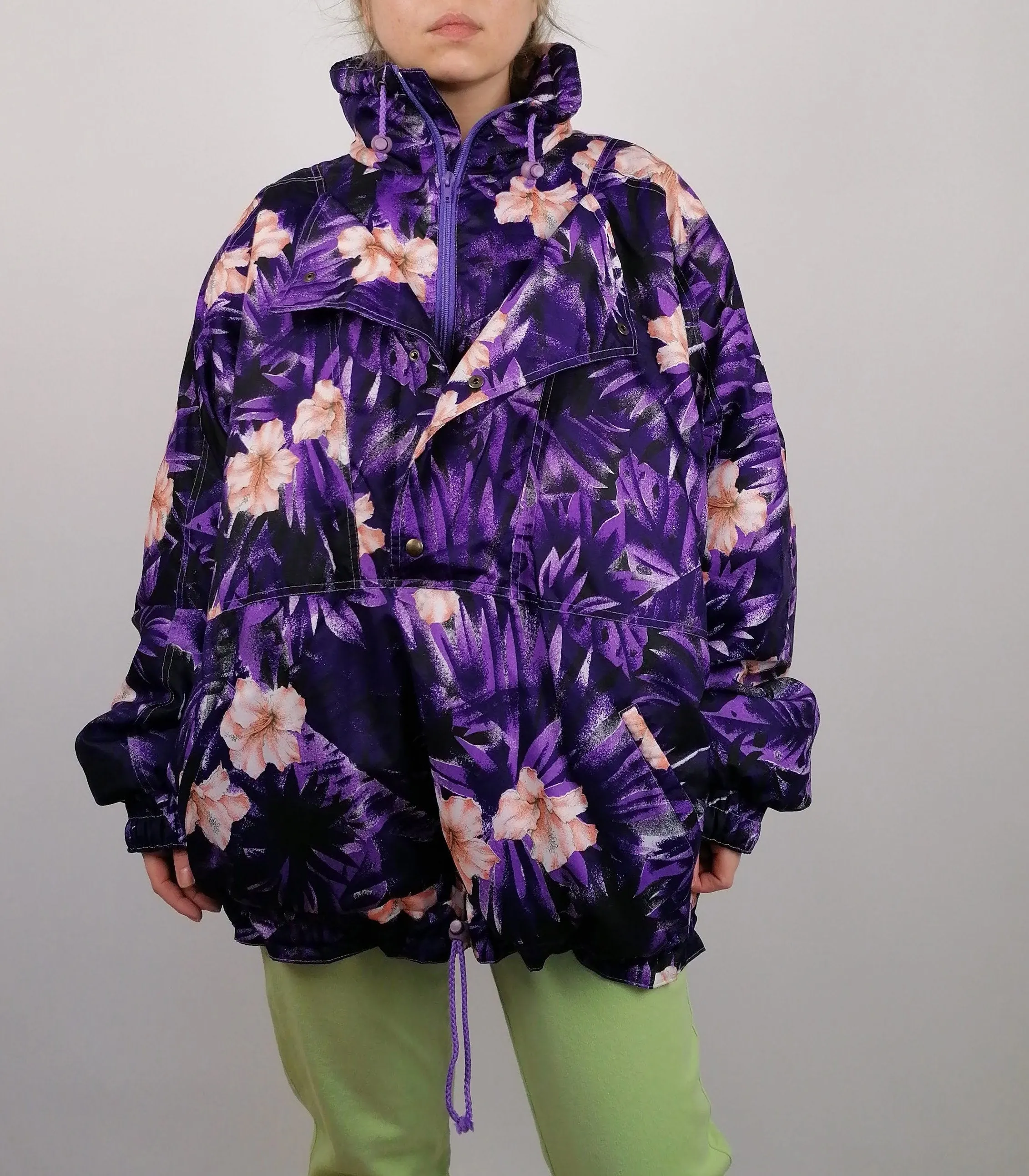 ETIREL 90's Flowers Print Winter Ski 1/4 Zip Anorak Puffer - size L-XL