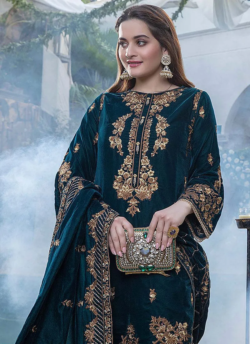 FCC ZC-114 ZINC Embroidered Velvet Three piece With Velvet Shawl  Winter Collection