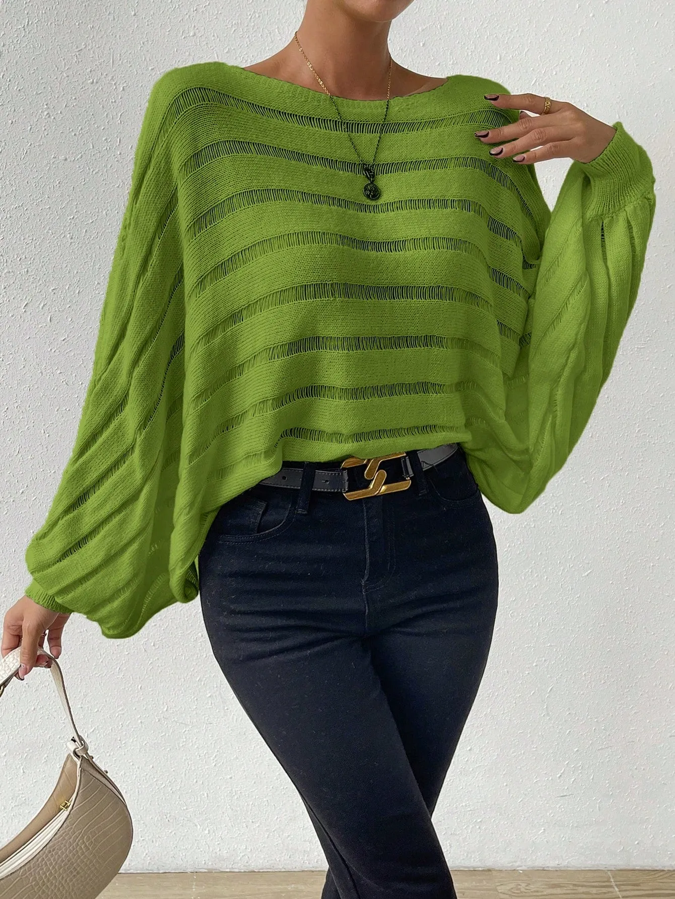 Flare Sleeve Pointelle Knit Sweater