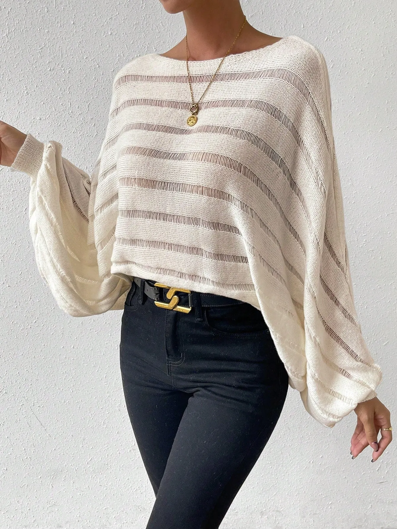 Flare Sleeve Pointelle Knit Sweater