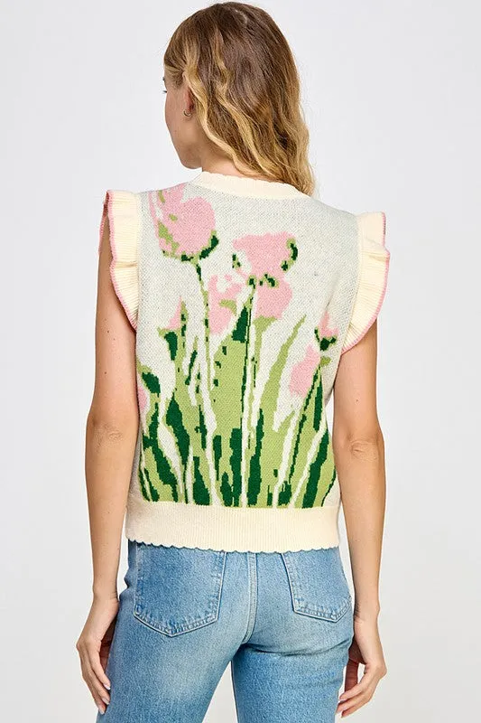 FLORAL SHORT SLEEVE EMBROIDERED SWEATER