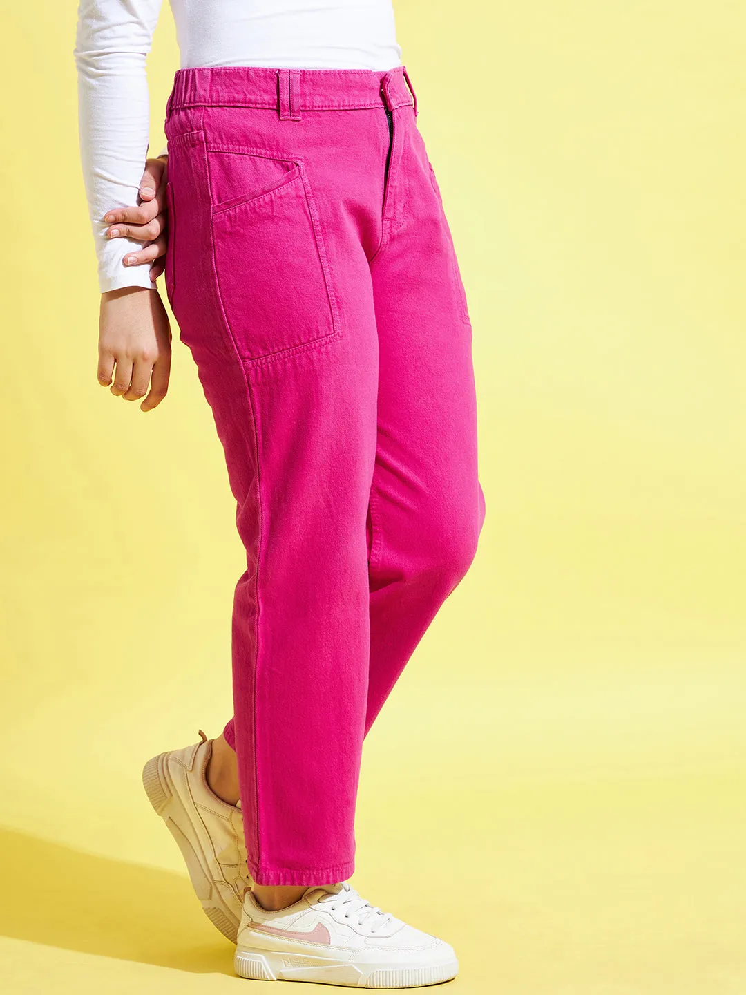 Girls Fuchsia Front Pocket Straight Jeans