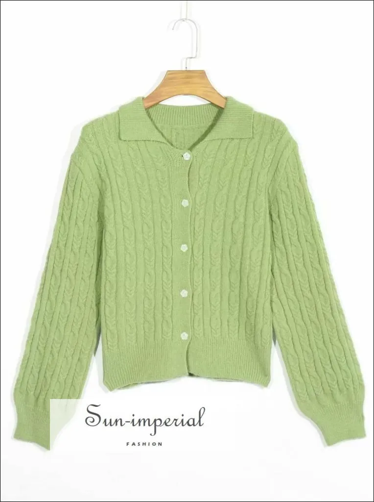 Green Turn Down Collar Flower Shaped Buttons Knitted Long Sleeve Women Cardigan Sweater