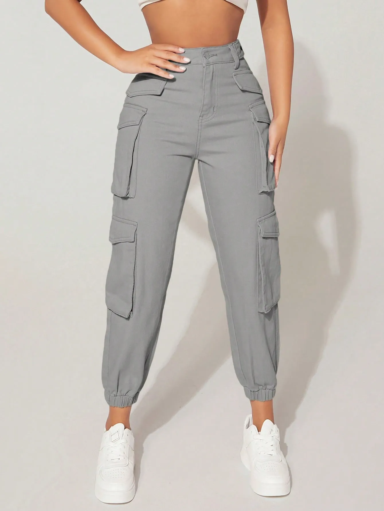 High Waist Flap Pocket Cargo Jeans