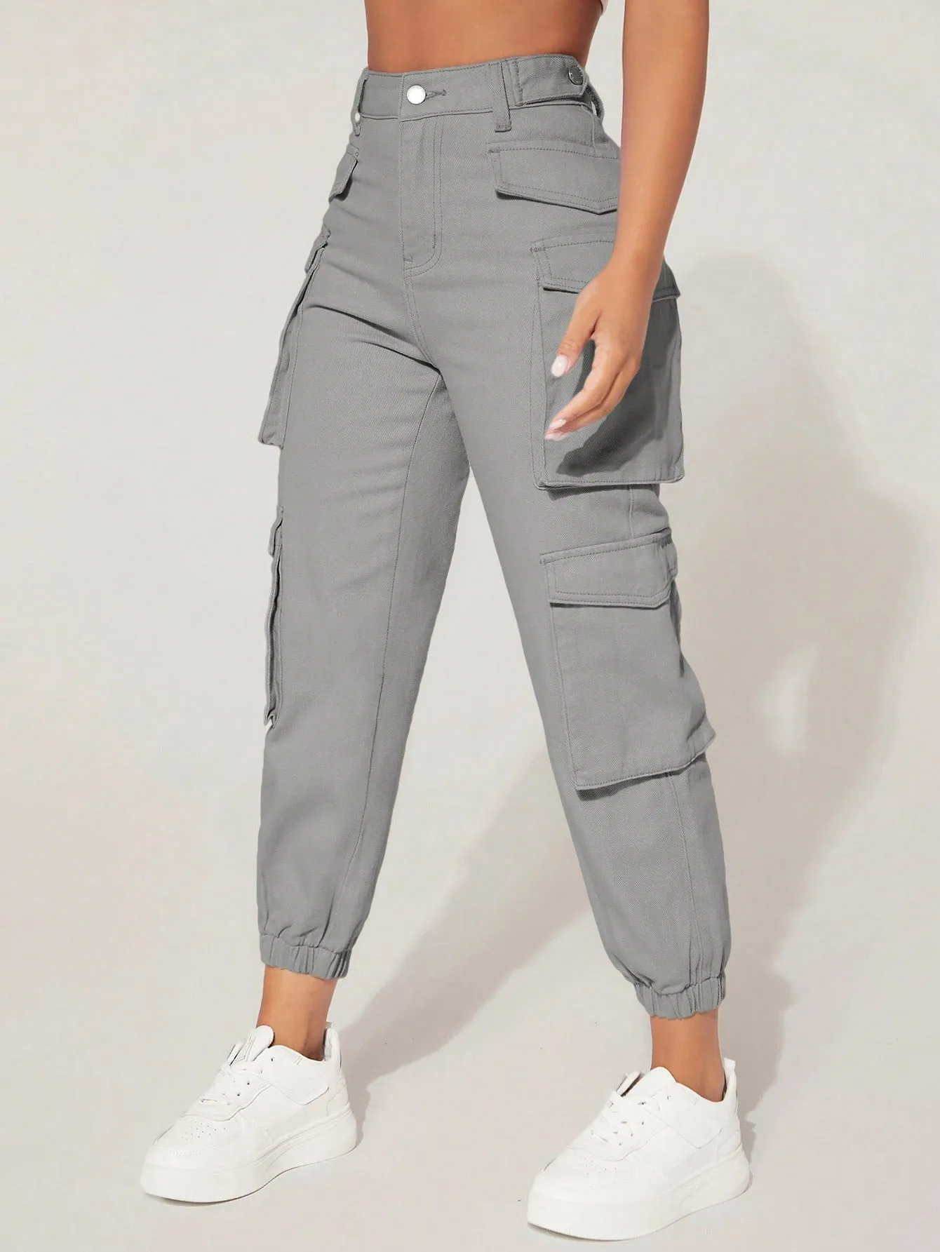 High Waist Flap Pocket Cargo Jeans