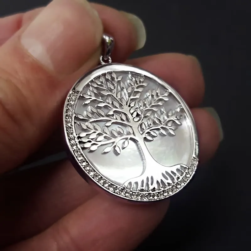 Icy Winter Tree Of Life Necklace, Mother Of Pearl Silver Tree Of Life