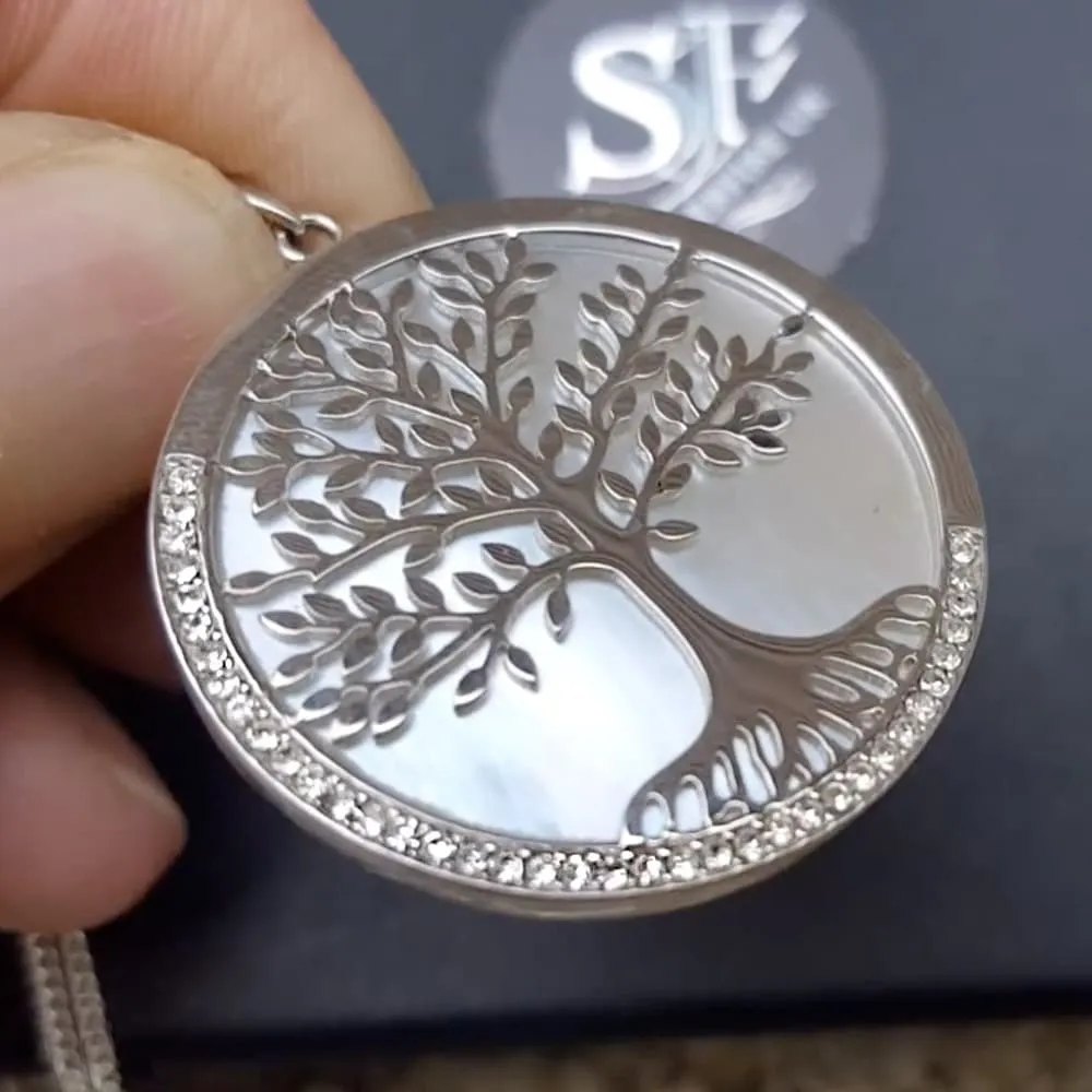 Icy Winter Tree Of Life Necklace, Mother Of Pearl Silver Tree Of Life