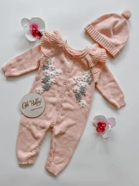 Knitted floral jumpsuit and hat set