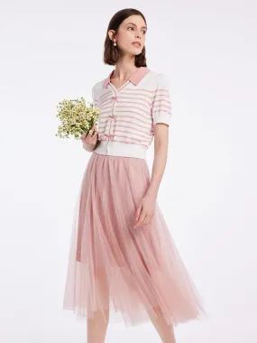 Knitted Women Cardigan And Tulle Skirt Two-Piece Set