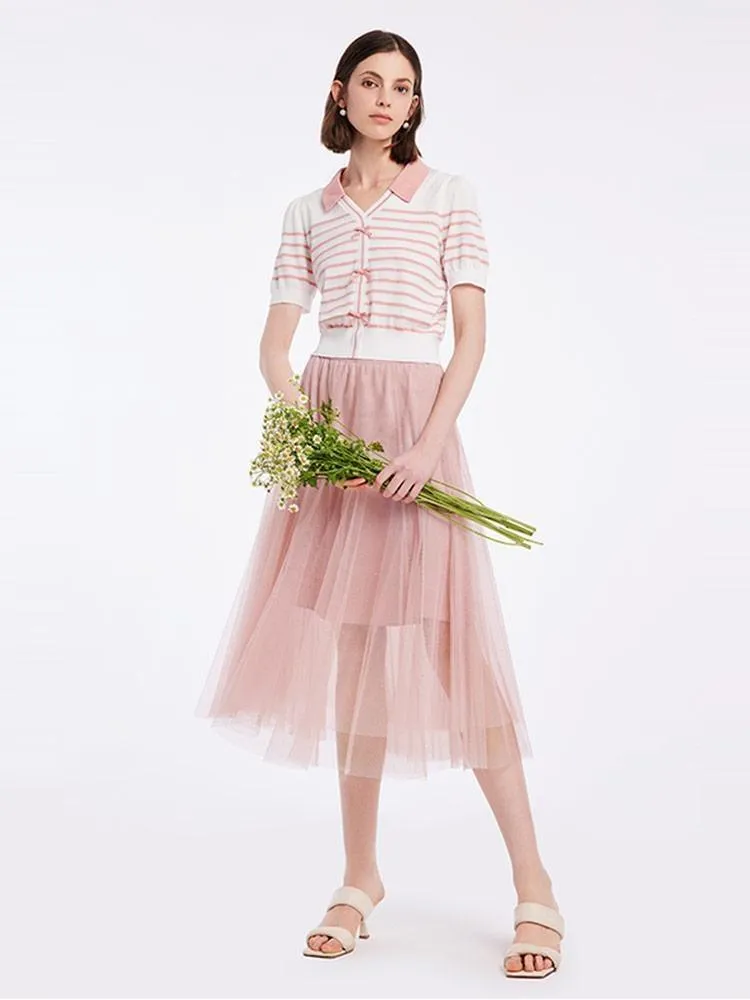 Knitted Women Cardigan And Tulle Skirt Two-Piece Set