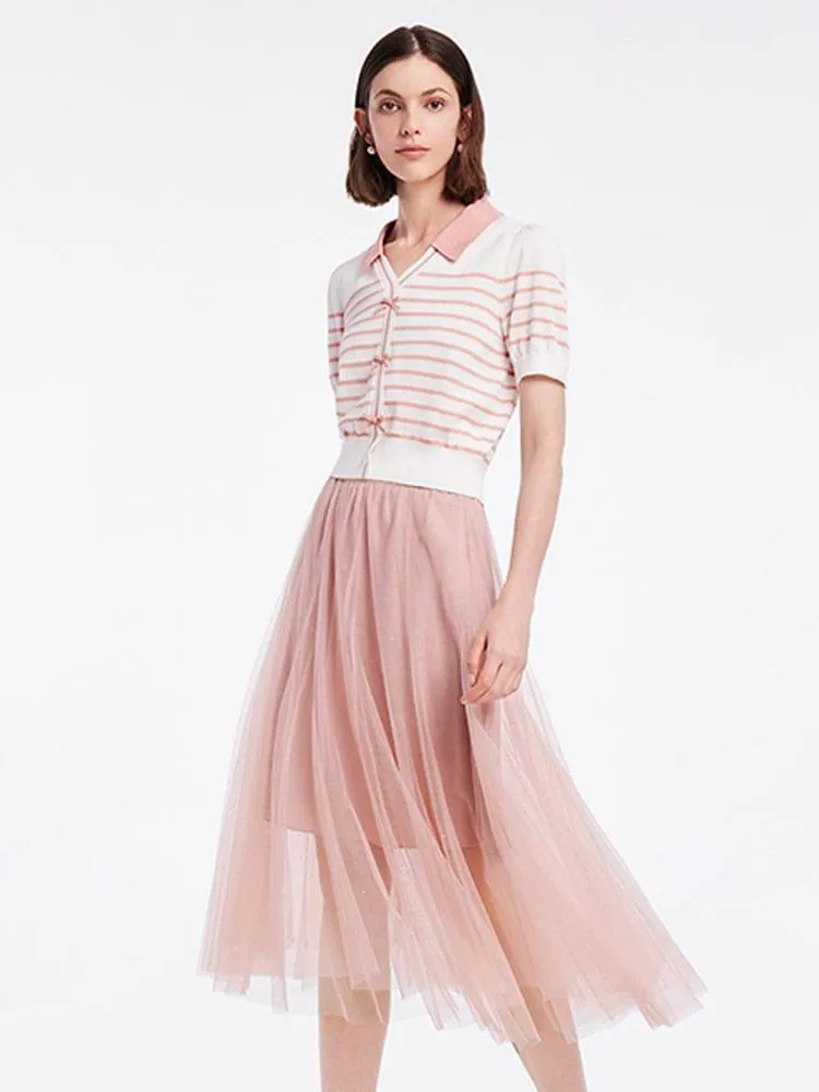 Knitted Women Cardigan And Tulle Skirt Two-Piece Set