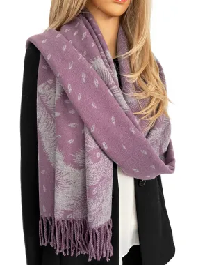 LARGE LILAC CASHMERE FEATHER PRINT REVERSIBLE WINTER SHAWL BLANKET SCARF