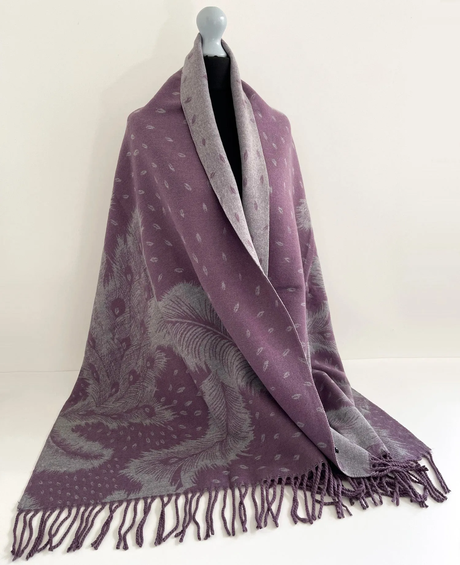 LARGE LILAC CASHMERE FEATHER PRINT REVERSIBLE WINTER SHAWL BLANKET SCARF