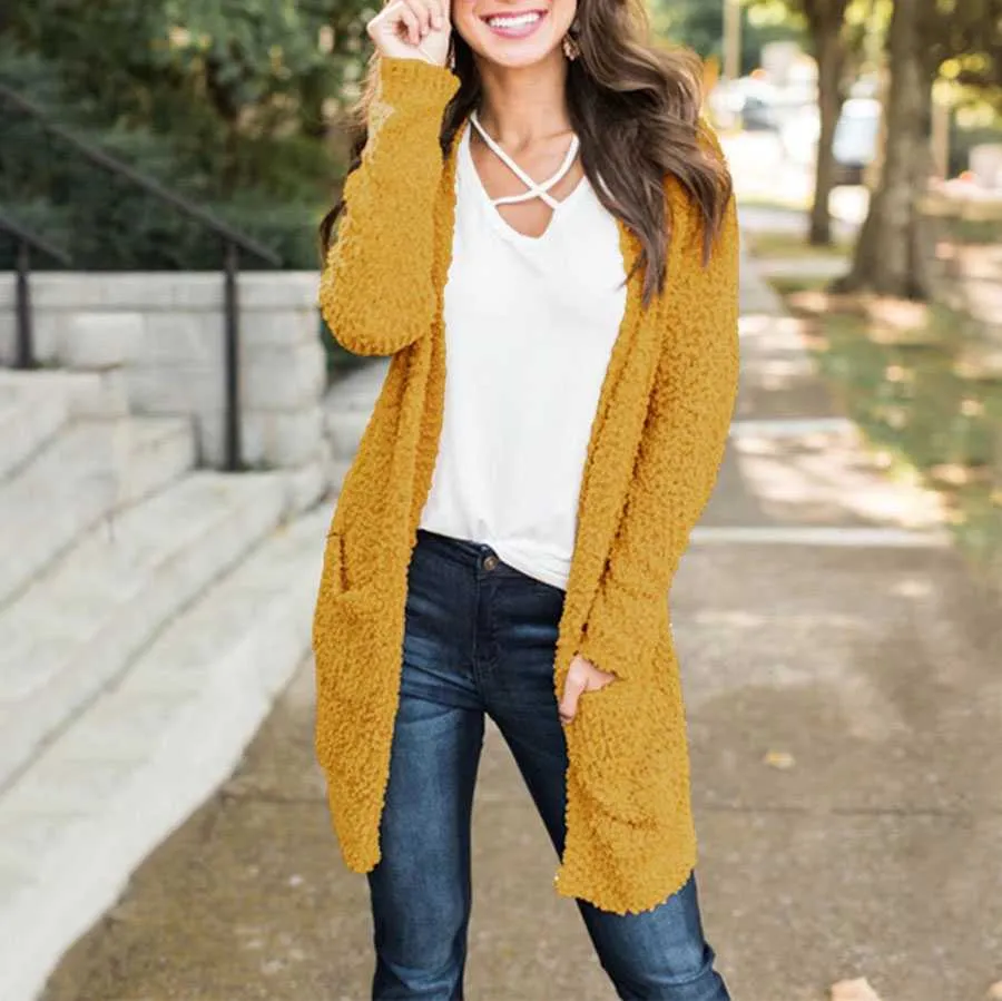 Oversized Fall Knitted Open Front Popcorn Long Cardigan Sweater With Pockets