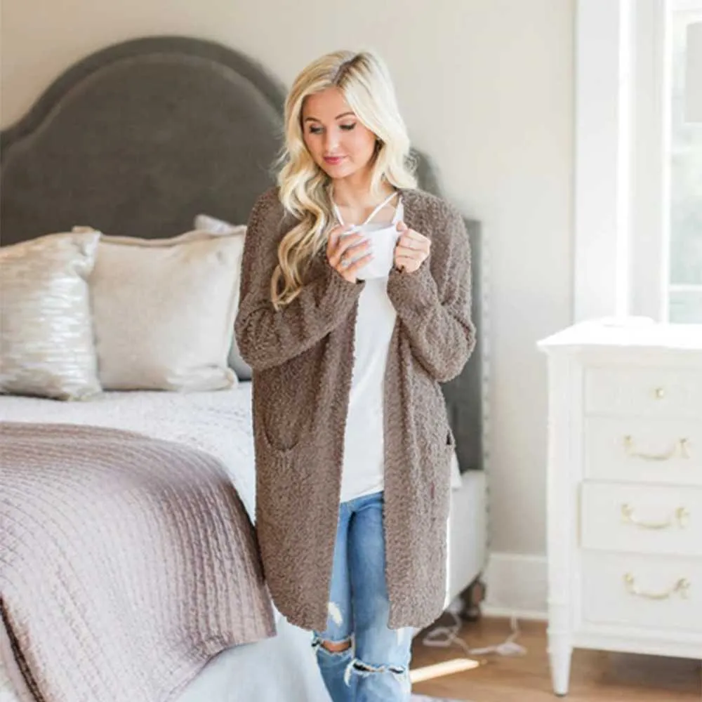 Oversized Fall Knitted Open Front Popcorn Long Cardigan Sweater With Pockets