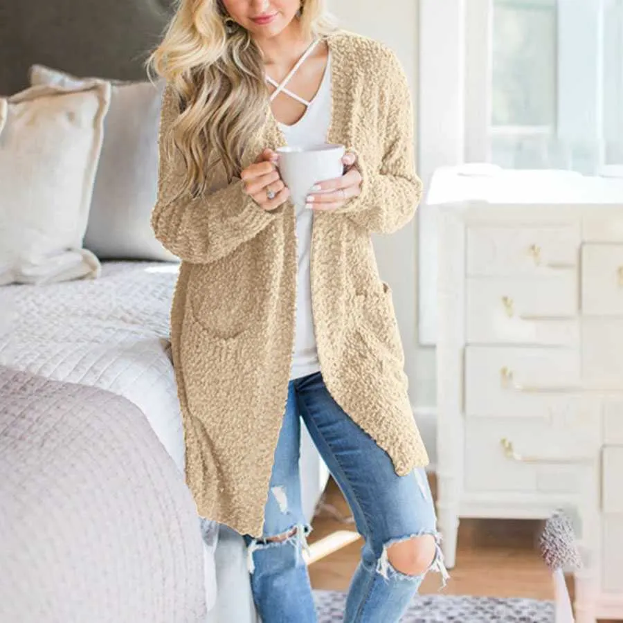 Oversized Fall Knitted Open Front Popcorn Long Cardigan Sweater With Pockets