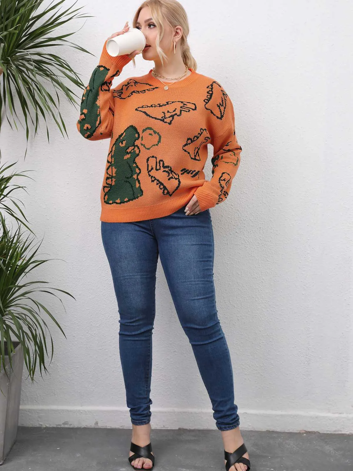 [Plus Size] 1960s Knitted Animal Picture Solid Sweater