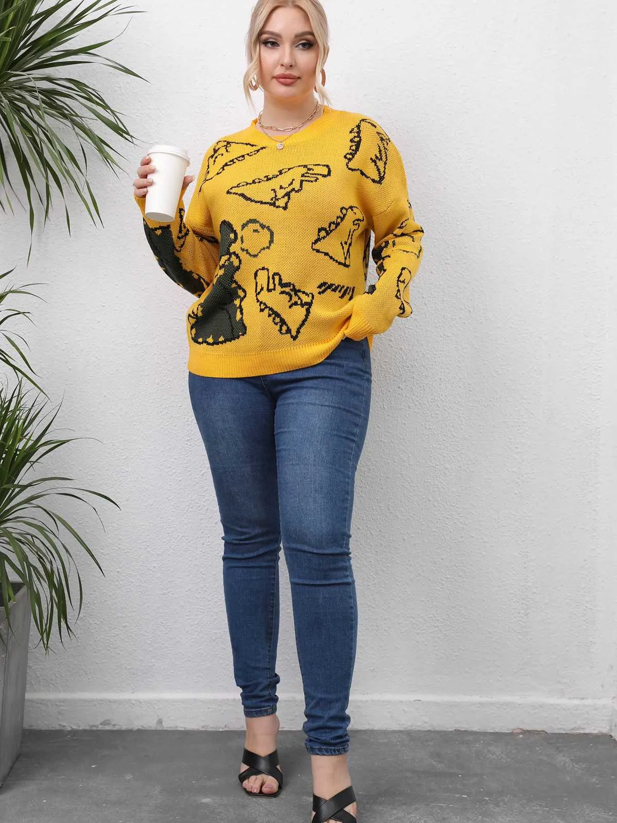 [Plus Size] 1960s Knitted Animal Picture Solid Sweater