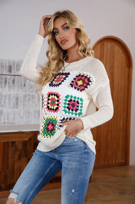 Popular Casual Loose Pullover Multicolor Long-Sleeved Sweater round Neck Crochet All-Matching Clothing