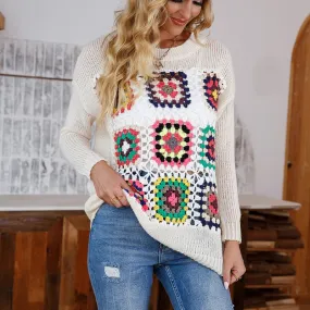 Popular Casual Loose Pullover Multicolor Long-Sleeved Sweater round Neck Crochet All-Matching Clothing