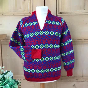 Vintage 1970's Children's / Teen Red / Blue Jacquard Winter Jumper Size 10-12 Y