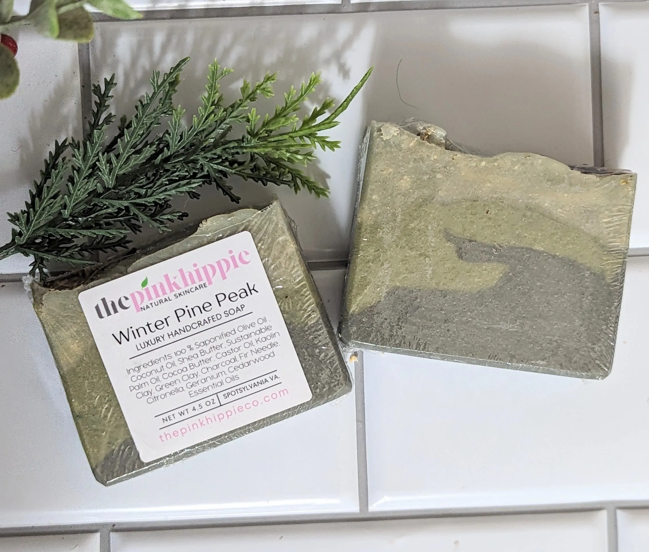 Winter Pine Peak Soap 4.5 oz Bar Green Clay Fir Needle Geranium Citronella, Cedarwood Essential Oils