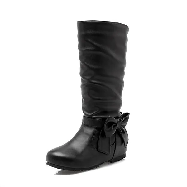 Women's Casual Bow-detailed Wedge Mid-calf Boots 83099628S