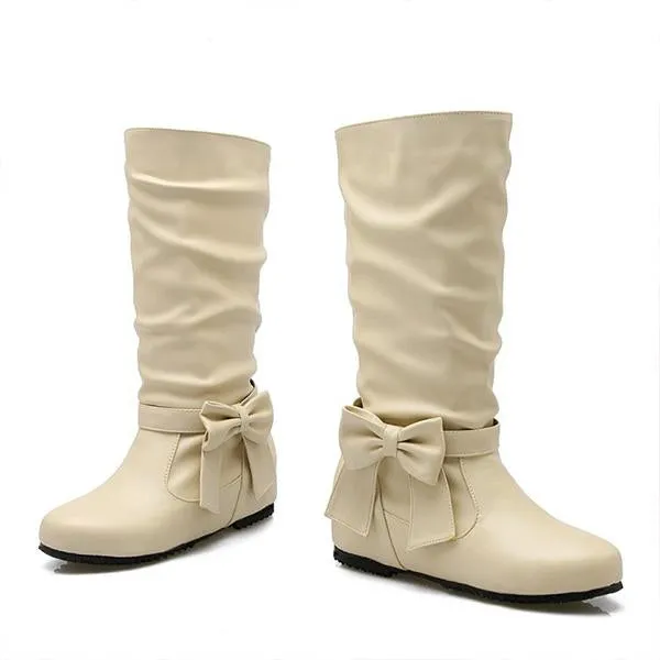 Women's Casual Bow-detailed Wedge Mid-calf Boots 83099628S