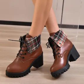 Women's Casual Lapel Plaid Block Heel Ankle Boots 13583249S