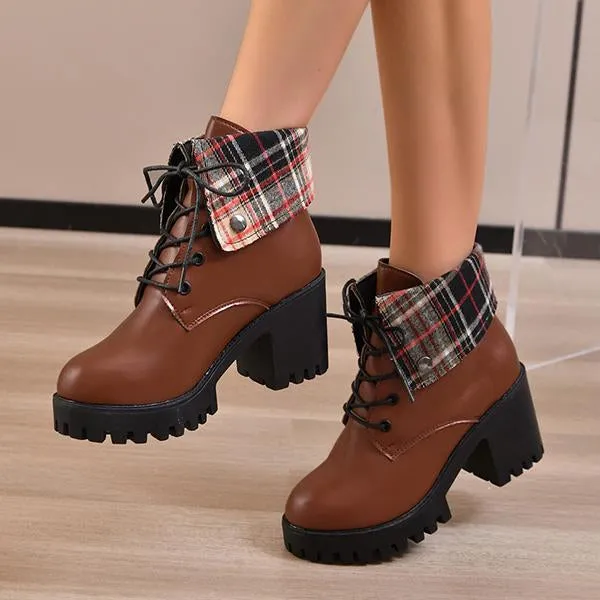 Women's Casual Lapel Plaid Block Heel Ankle Boots 13583249S