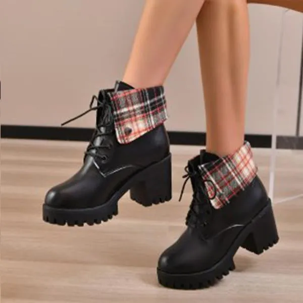 Women's Casual Lapel Plaid Block Heel Ankle Boots 13583249S