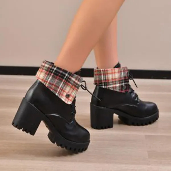 Women's Casual Lapel Plaid Block Heel Ankle Boots 13583249S